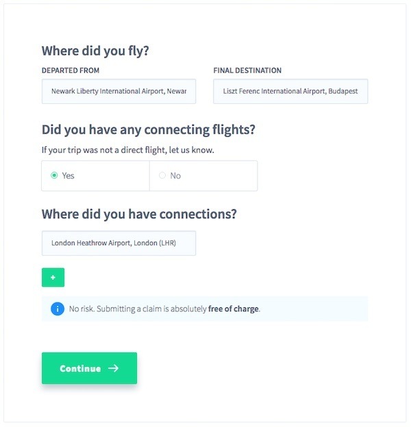Screenshot of the flight details page filled in for a connecting flight