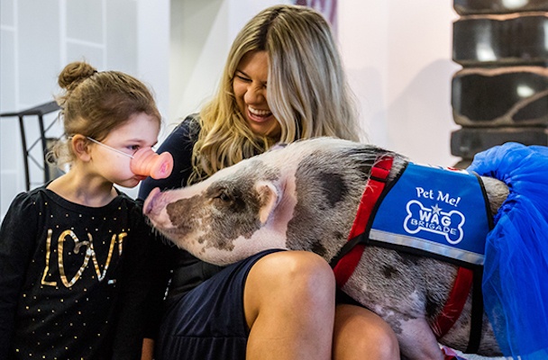 child and woman with Lilou the pig